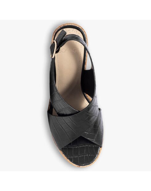 Sandales compensées en Cuir croco Pepina noires - Talon 9.5 cm